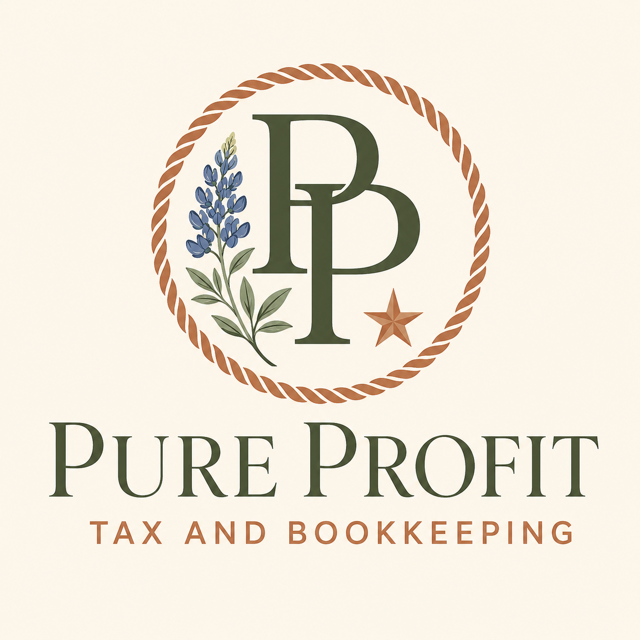 Pure Profit Tax and Bookkeeping logo with a PP monogram, bluebonnet, and Texas star
